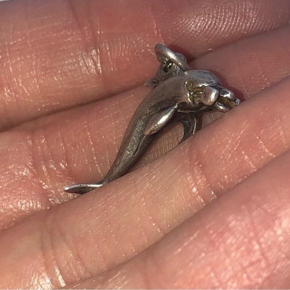 VTG Sterling Silver Dolphin w Barbell Mini Charm for Charm Bracelet - Picture 3 of 4